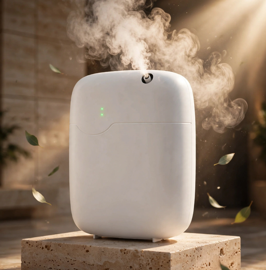 Home Scent waterless diffuser on a travertine ledge, releasing a fine cold-air mist