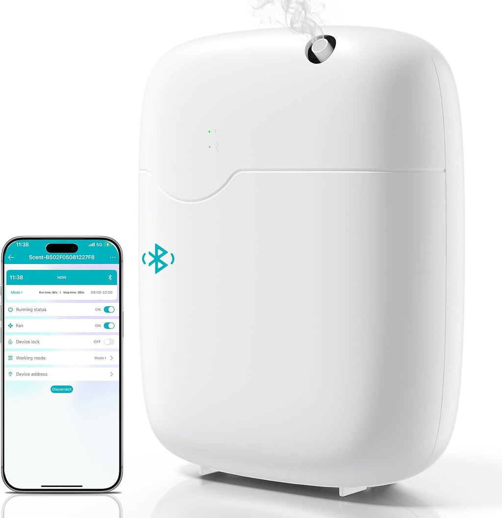 The diffuser shown against white beside the phone app used to set scent intensity and daily schedule over Bluetooth