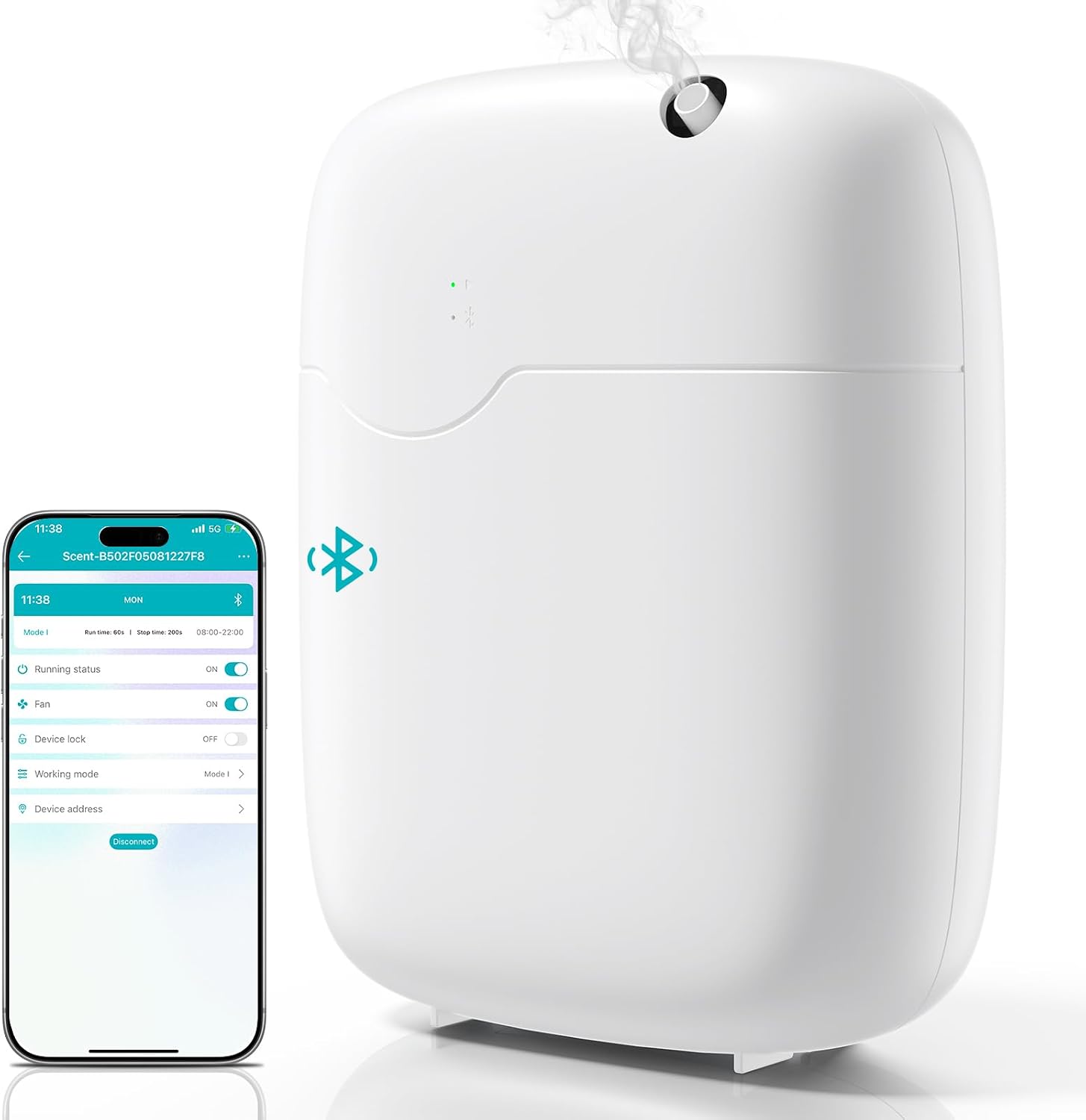 The diffuser shown against white beside the phone app used to set scent intensity and daily schedule over Bluetooth