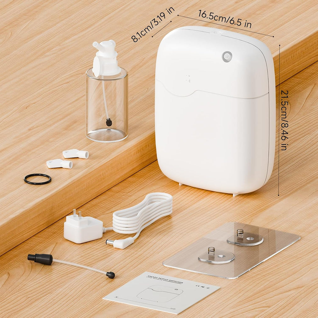 Everything in the box: diffuser, refillable glass oil bottle, power adapter and cable, wall-mount plate and manual, with dimensions marked