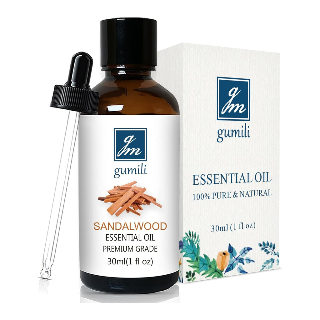 Sandalwood essential oil in a 30 ml amber glass dropper bottle, shown beside its box