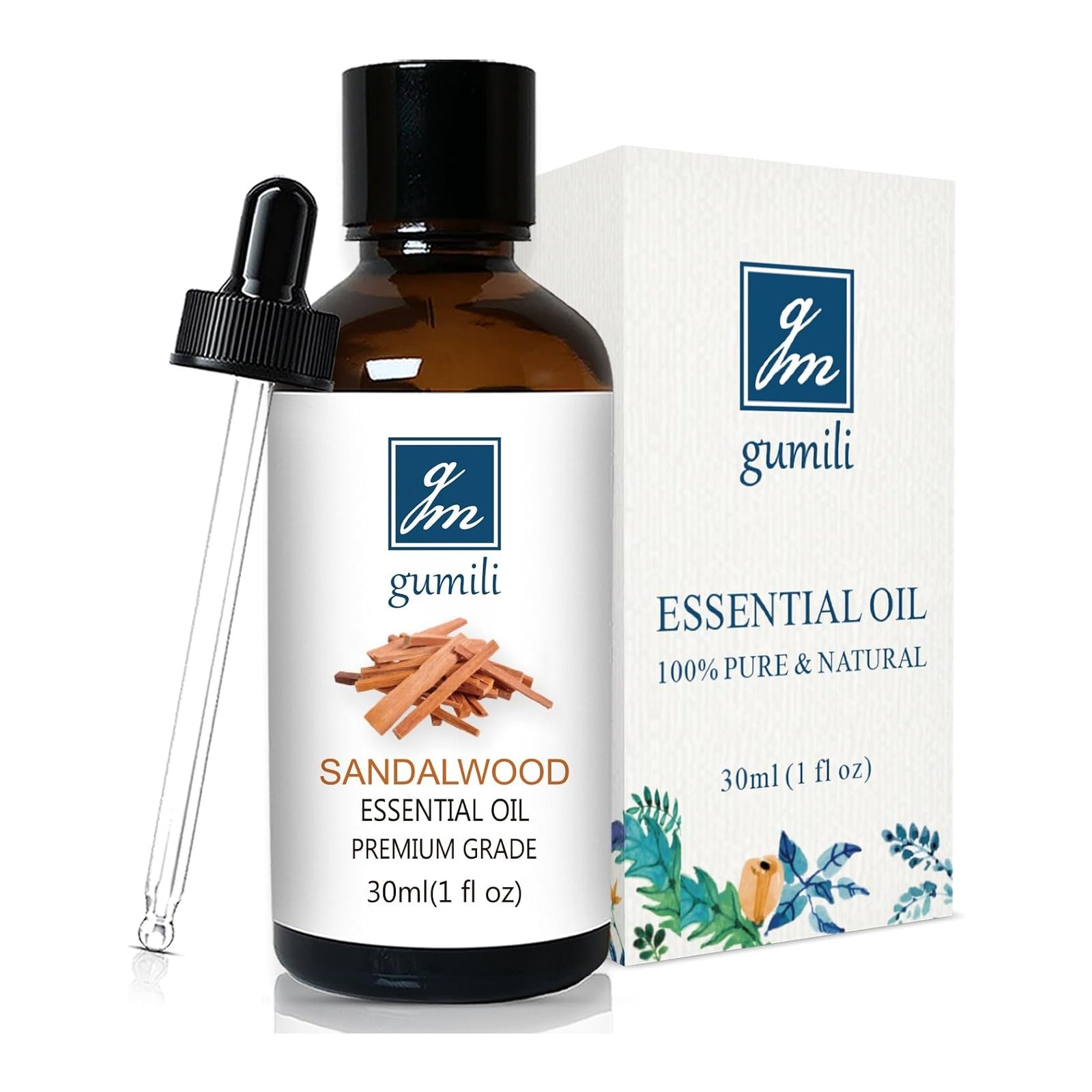 Sandalwood essential oil in a 30 ml amber glass dropper bottle, shown beside its box