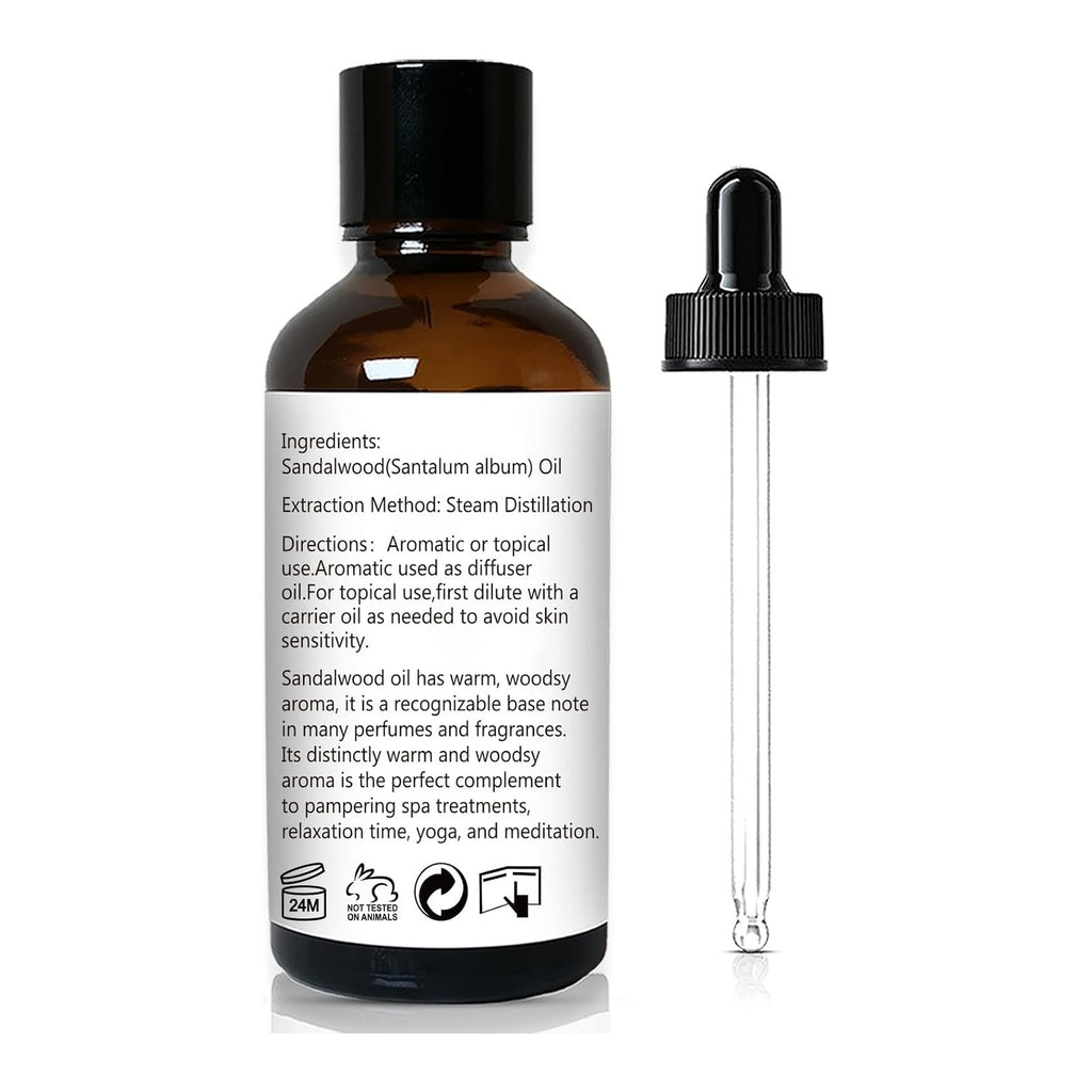 The back label: ingredients, steam distillation, and directions to dilute with a carrier oil before topical use